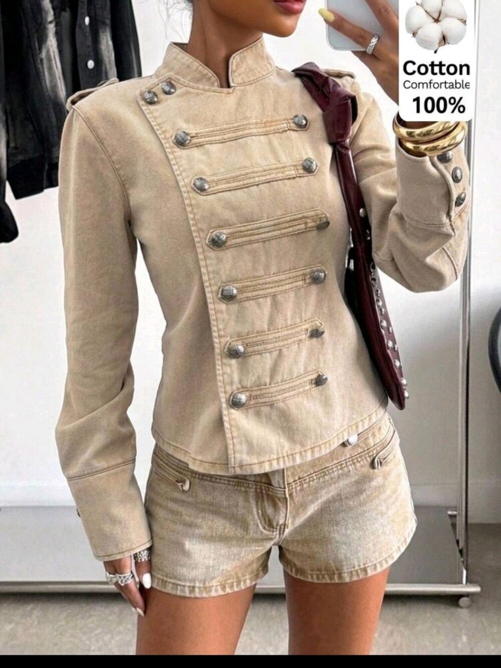 Women's Stand Collar Stud Decor Casual Daily Long Sleeve Denim Jacket